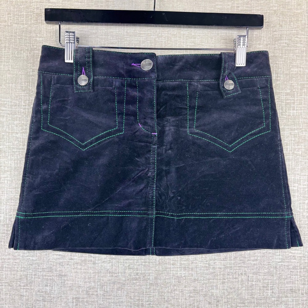 BCBGIRLS Womens Size 2 Black Velvet Mini Skirt Green Contrast Stitch Y2K